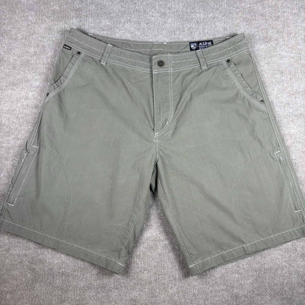 Kuhl Vintage Patina Dye Cargo Shorts Mens 38 Olive Green Hiking Outdoor 11"